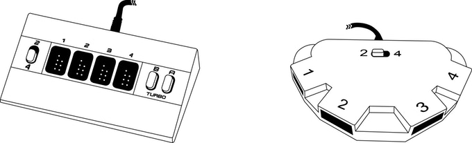 On the left, the FourScore for the NES; on the right, the Hori adapter for the Famicom